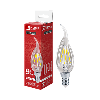Лампа светодиодная LED-СВЕЧА НА ВЕТРУ-deco 9Вт 230В Е14 4000К 1040Лм прозрачная IN HOME во Владивостоке