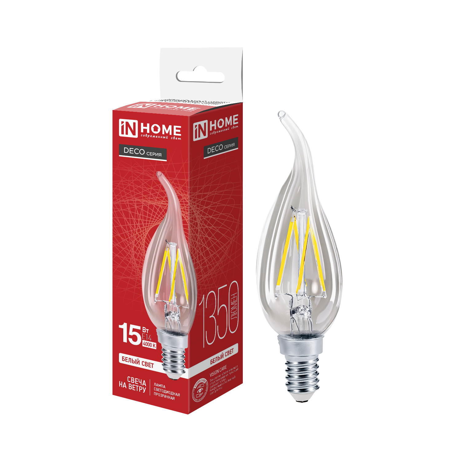 Лампа светодиодная LED-СВЕЧА НА ВЕТРУ-deco 15Вт 230В Е14 4000К 1455Лм прозрачная IN HOME во Владивостоке