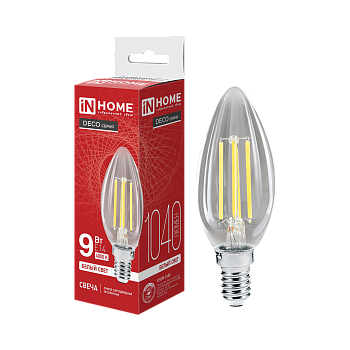 Лампа светодиодная LED-СВЕЧА-deco 9Вт 230В Е14 4000К 1040Лм прозрачная IN HOME во Владивостоке