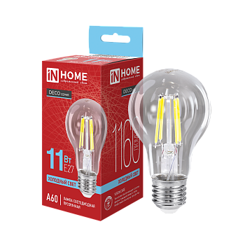 Лампа светодиодная LED-A60-deco 11Вт 230В Е27 6500К 1160Лм прозрачная IN HOME во Владивостоке